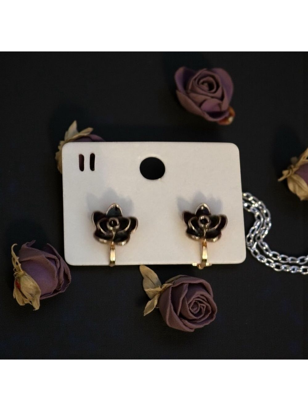 Black Flower Clip-On Earrings